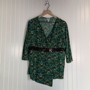 Fashion Bug Plus Size 18/20 Green Boho Tunic Top Asymmetrical Hem Sequin Waist